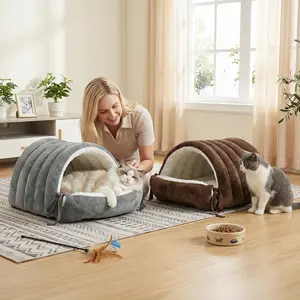 Calming Hooded Cat Bed for Anxiety Relief, Ultra-Soft Plush Enclosed Pet Shelter with Thick Cushion, Cozy Sleeping Cave for Kittens, Cats and Small Puppies, Provides Secure Private Space