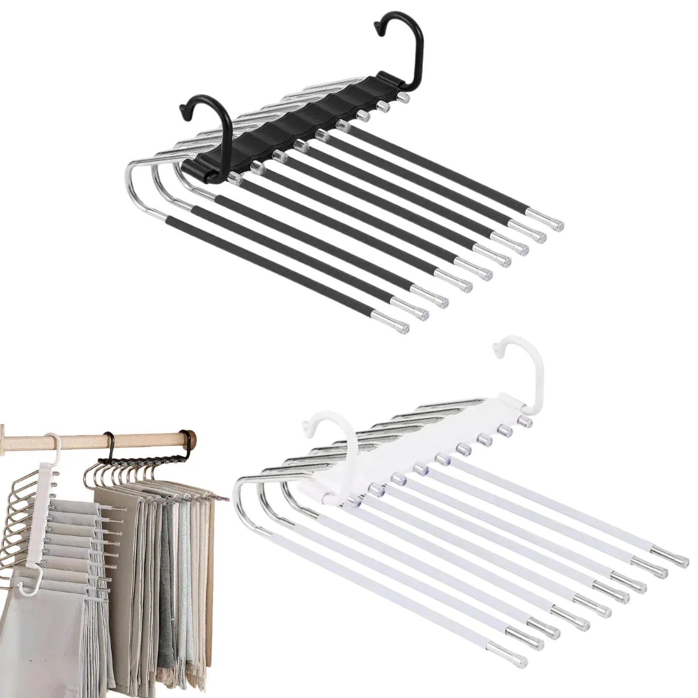 9-Layer Space Saver Hangers for Jeans, Trousers & Leggings - Sturdy Stainless Steel & PP Plastic Organiser, Open-End Anti-Slip Cover Drying Hanging Storage Hangers & Pegs, Leggings Storage Rack for Small Room Organization Products