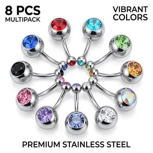8PC Titanium Zirconia Internal Thread Floating Belly Button Rings, Fashion Flat Opal Navel Bar Piercing Jewelry for Women and Men