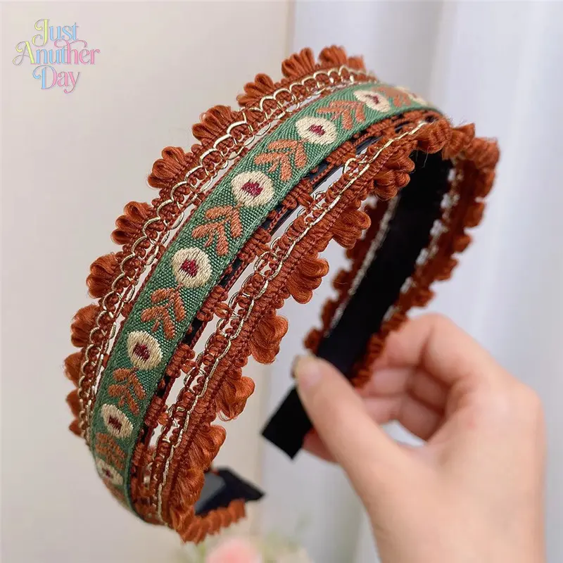 Bohemian Embroidered Floral Headband Ethnic Tassel Fringe Hair Hoop in Vintage Green and Brown Perfect for Cottagecore and Desertcore Outfits