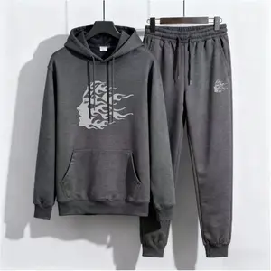 Men's casual suit "Flame avatar trendy" dark hooded sweatshirt suit men's street style sports two-piece suit flame face print hooded sweatshirt + leggings trendy casual suit Menswear Sweatshirts fashion zipper autumn series