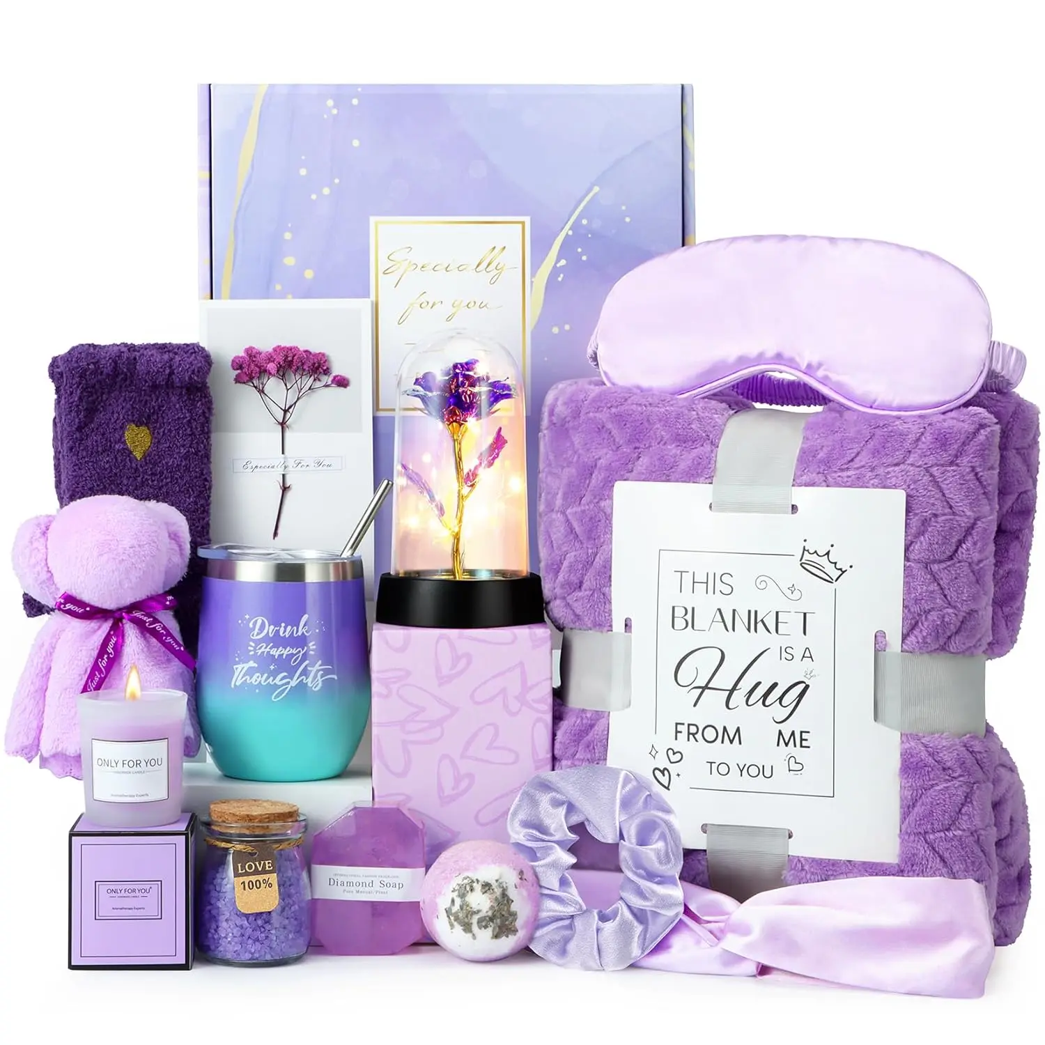 Birthday Gifts for Women, Get Well Gifts for Women, Relaxing  Gifts Care Package with Luxury Flannel Blanket, Light-Up Rose Flower,  Self Care Gift Basket for Women, Mom, Wife, Friends