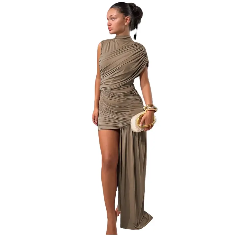strapless open back dress ONE SHOULDER SIDE OPEN RUCEHD PRINTED MINI DRESS – Riah Fashion main image 1