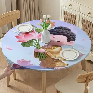 Elegant Elastic Round Tablecloth, Small Buddha Pattern Print, Easy Installation & Cleaning, Reusable, Multiple Sizes Available
