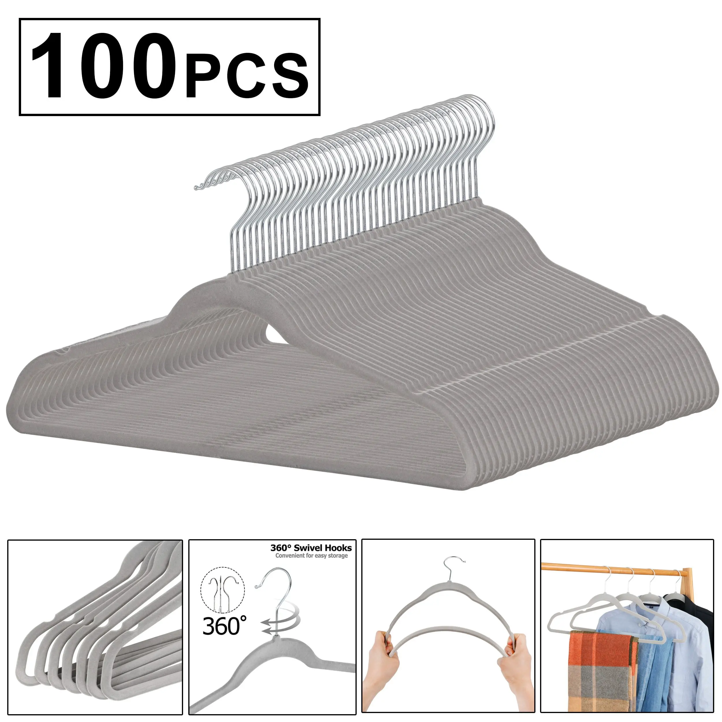 SuperDeal Contoured Flocked Velvet-ABS Clothes Hangers Set - 100pcs with Metal Hook, Non-Slip Durable Space-Saving Multi-Color Hanging Organizer for Coats, Jackets,summerwins