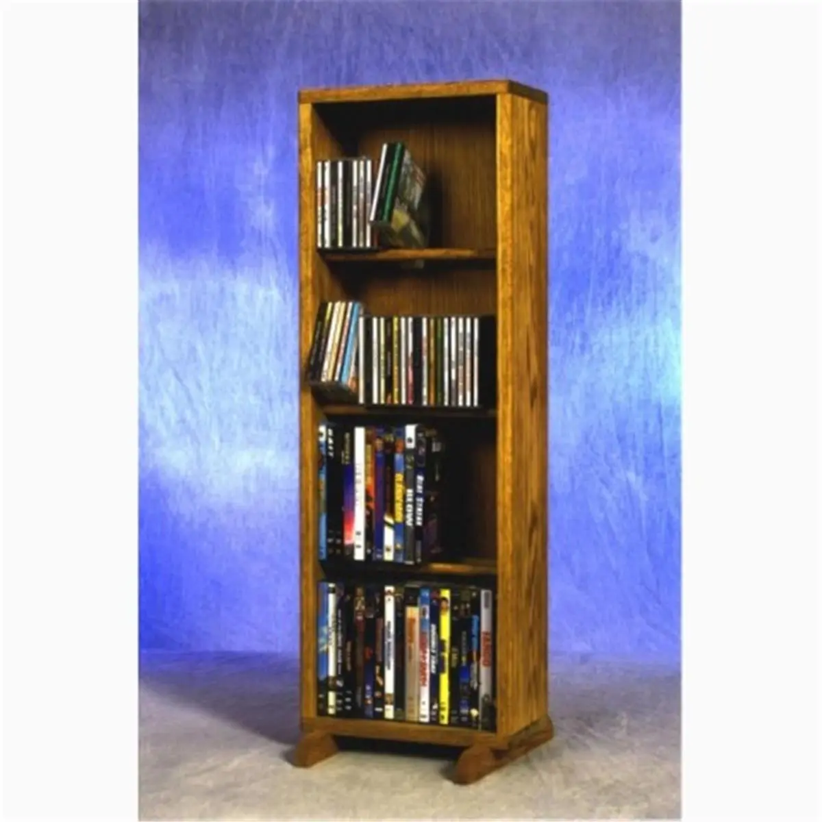 Honey Oak Solid Wood Hand-Crafted CD/DVD Tower Rack, 4-Row Dowel Storage Shelf, Holds 104 CDs/80 DVDs, 6.5in Wall Extension, Fully Assembled Living Room Indoor Furniture, Cd/Dvd Rack