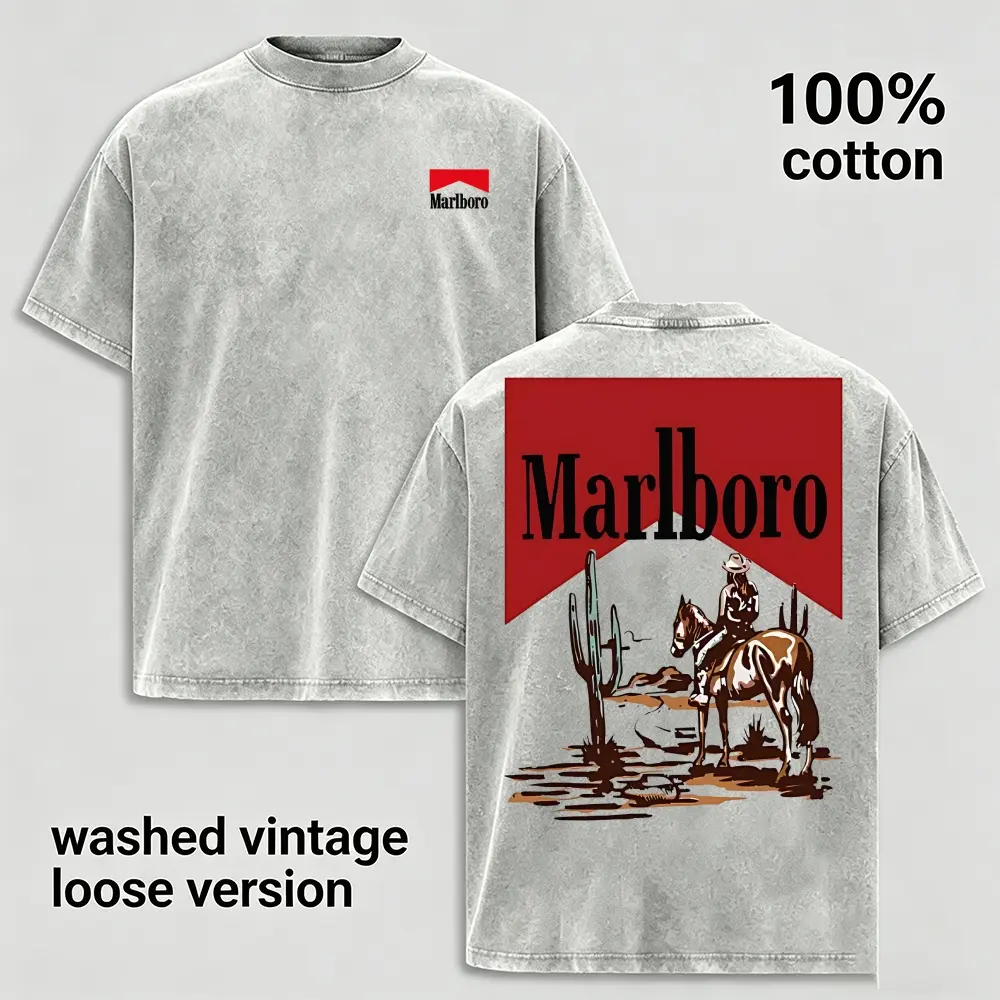 Vintage Desert Cowboy Graphic Tee Men Washed Grey T-Shirt Retro Western Cactus Riding Shirt Heavyweight 100% Cotton Loose Fit Casual Top Streetwear Harajuku Short Sleeve Clothing Summer Graphic Tee Hip Hop Oversized Apparel