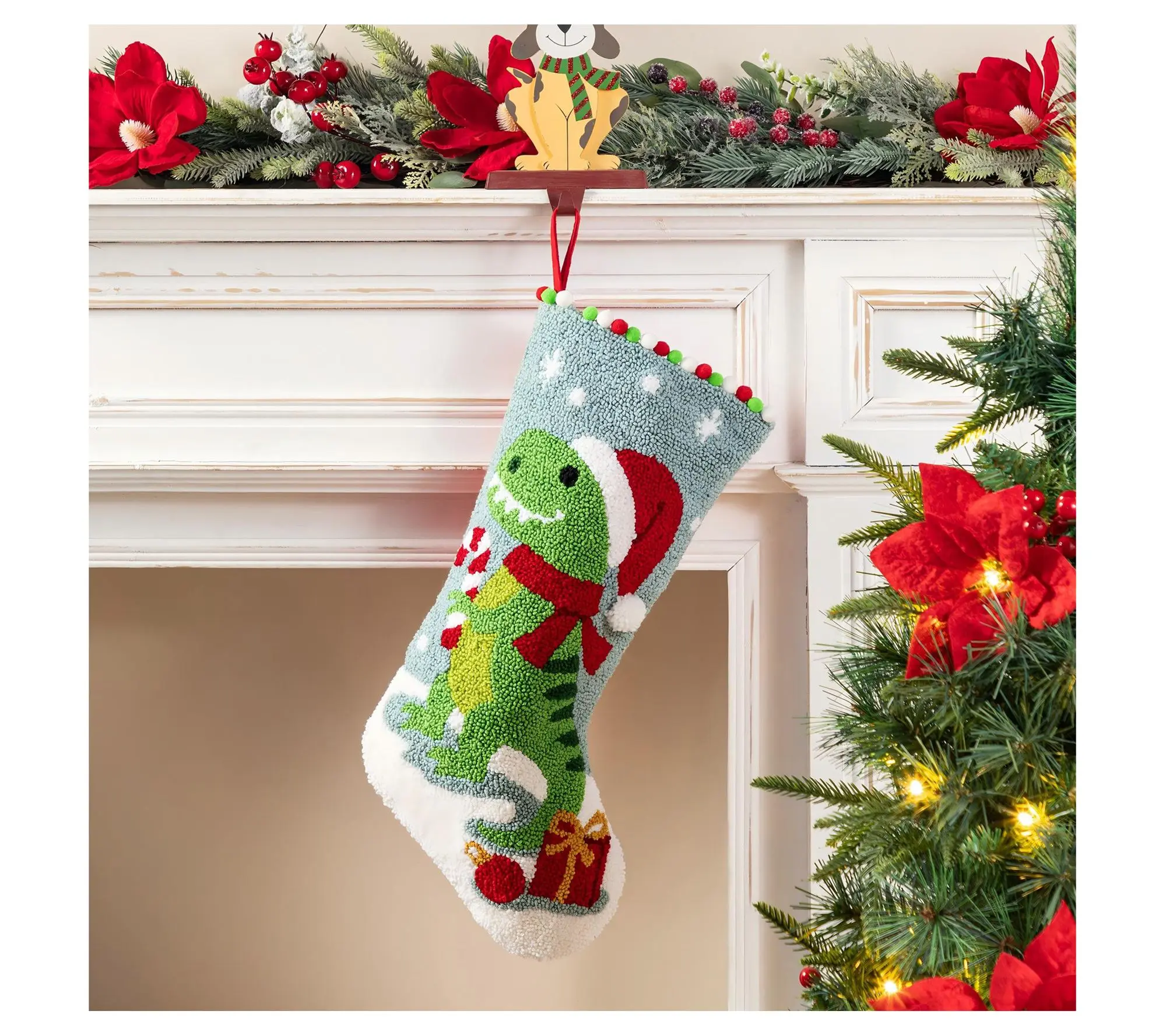 Glitzhome 21"L Hooked Dinosaur Christmas Stocking