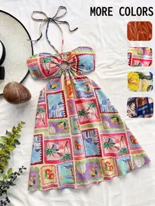 Women's Boho Vacation   printed pattern Sexy Halter Drawstring Adjustable Hollow Waist Dress, Suitable For Beach, Music Festival, Hippie, Party, Date, Afternoon Tea, Summer