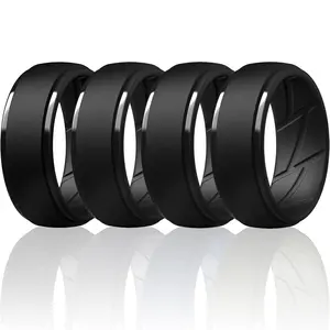 Gift For Him | 4 Black Silicone Wedding Bands with Textured Grip & Step Design - Non-Slip, Comfort Fit Ring Set for Active Lifestyle