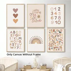Nursery Room Decor, 6 Counts/set Boho Rainbow Alphabet Wall Decor, Unframed Wall Art Prints for Home Living Room Bedroom, Poster