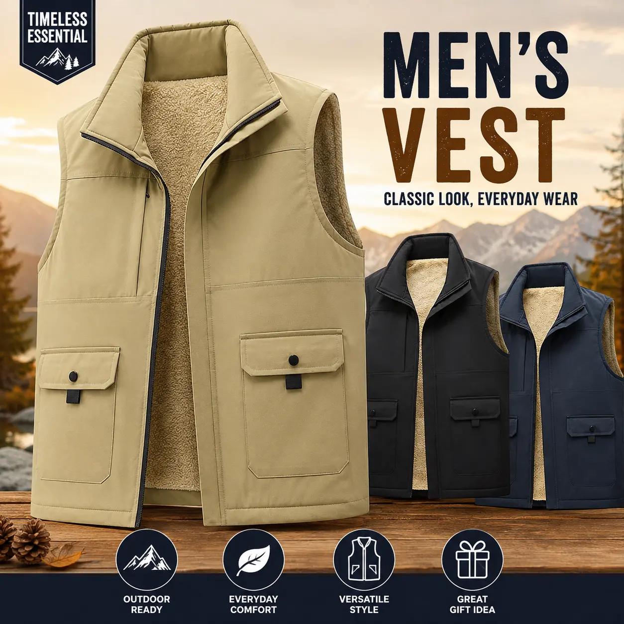 Men’s Fleece Waistcoat - Stand Collar Zip-Up Sleeveless Casual Plain Tops, Multi-Pocket Menswear Clothes for Warm Winter Outdoor Work