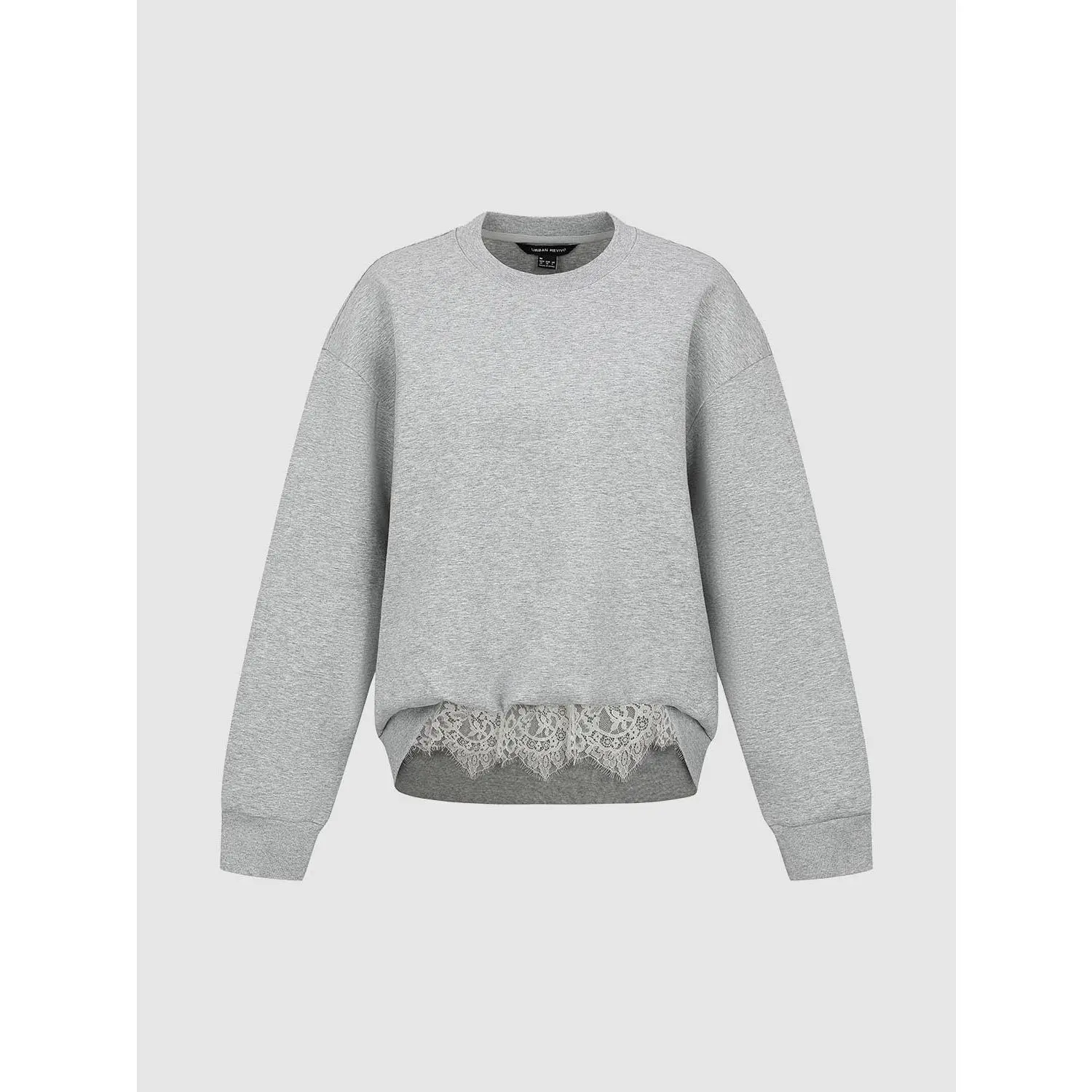 URBAN REVIVO Women's Elevated Casual Patchwork Lace Sweatshirt, Long Sleeve Cotton Stretch Pullover with a Loose Fit Crew Neck, Hoodie, Athletic, Cotton Blend, Digital Print, Relaxed Cut, Retro, Avoid Bleaching, Dry Clean, Vintage