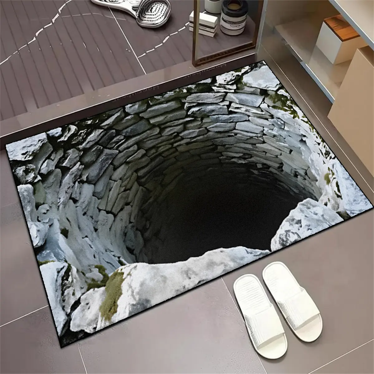 3D Visual illusion rug, Nonslip bathroom rugs, bathroom non-slip mat, soft comfortable bathroom rug, 3D abyss visual effect high-definition printed anti-slip doormat, machine washable easy to clean, suitable for bathroom