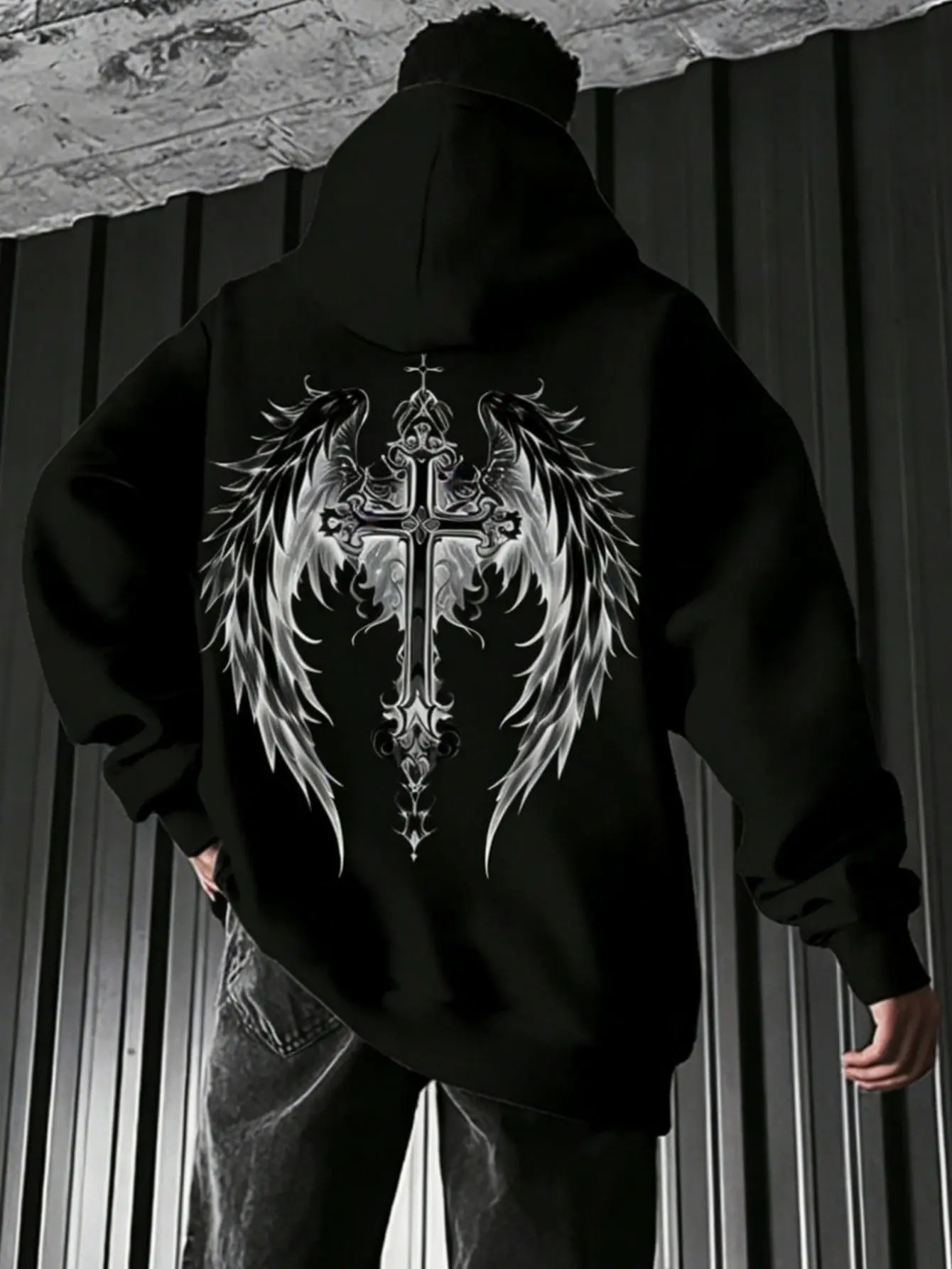 Monochrome Shaded Feather Wing Vintage Tattoo Style Cross Back Graphic Hoodie | Eboy Edgy Alt Darkwave Emo Streetwear Loose Fit Black Hoodie For Men Women