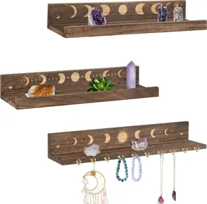 Crystal Shelf with Hooks Set of 3 Moon Shelf Display Wall Mount Wood Floating Shelves for Celestial Decor and Room Decor Crystal Display Shelf Holder for Stones Essential Oils Brown