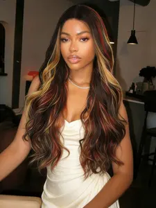 Black Red  Brown Highlight Wavy Wigs 13x4 Lace Front Wigs Pre-Plucked Hairline Synthetic Wig Graduation Hair Body Wave Wig Lace Frontal Wigs Prom 2026 Hair for Girls 28 Inch Balayage highlight wig
