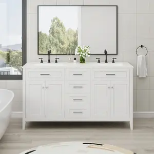60" Double Bathroom Vanity with Ceramic Top, Modern White Sink Cabinet with Drawers & Storage, Freestanding Bath Vanity