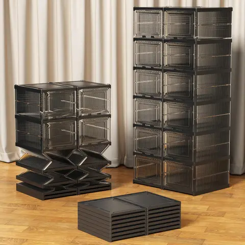 6-Layer Functional Expandable Free-Standing Shoe Rack Organizer, Plastic Cabinet with Multilayer Shelves, Drop-Front Door & Lid, Furniture Storage Bins for Home Camping