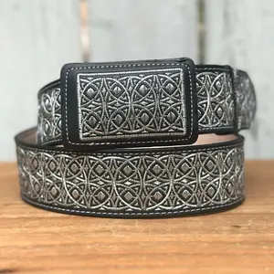 Black and Silver “Circular” Western Style Belt Made with Genuine Leather and Metallic Thread Embroidery