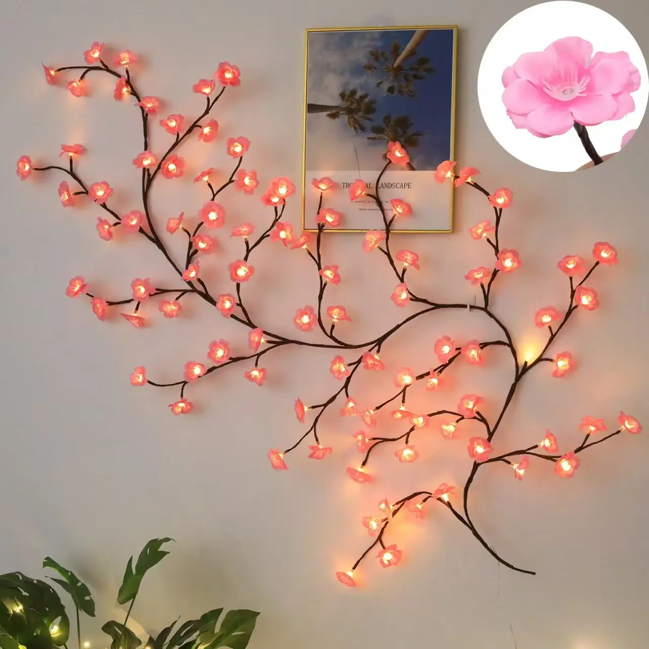 Pink Aesthetic Cherry Blossom Vine String Lights - USB-Powered, 8 Modes, Color-Changing Twinkle Light Indoor, Bedroom Wall Decor, Ideal Gift for Teen Girls, Color-Changing Light Indoor outdoor