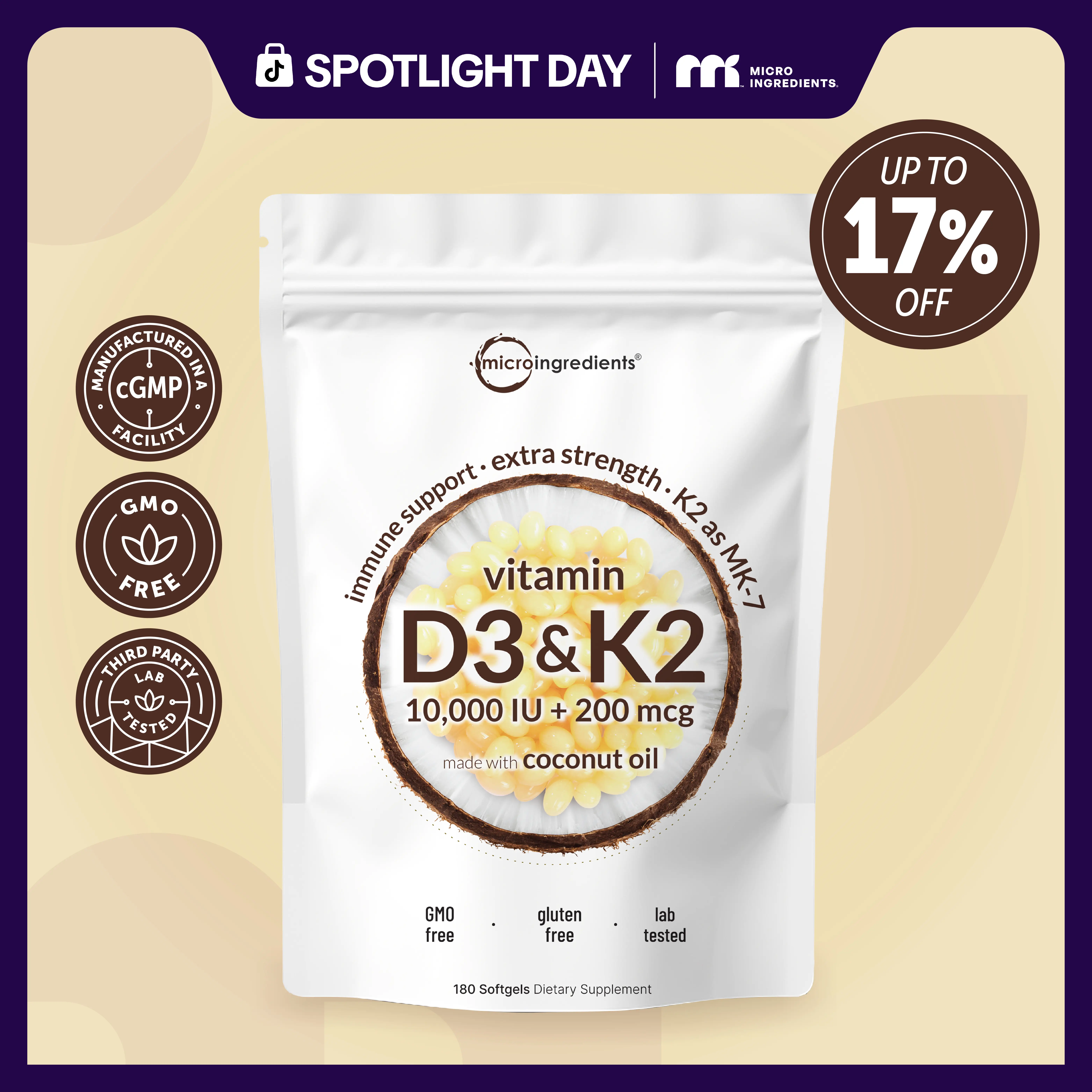 Micro Ingredients Vitamin D3 K2 Supplement Softgels