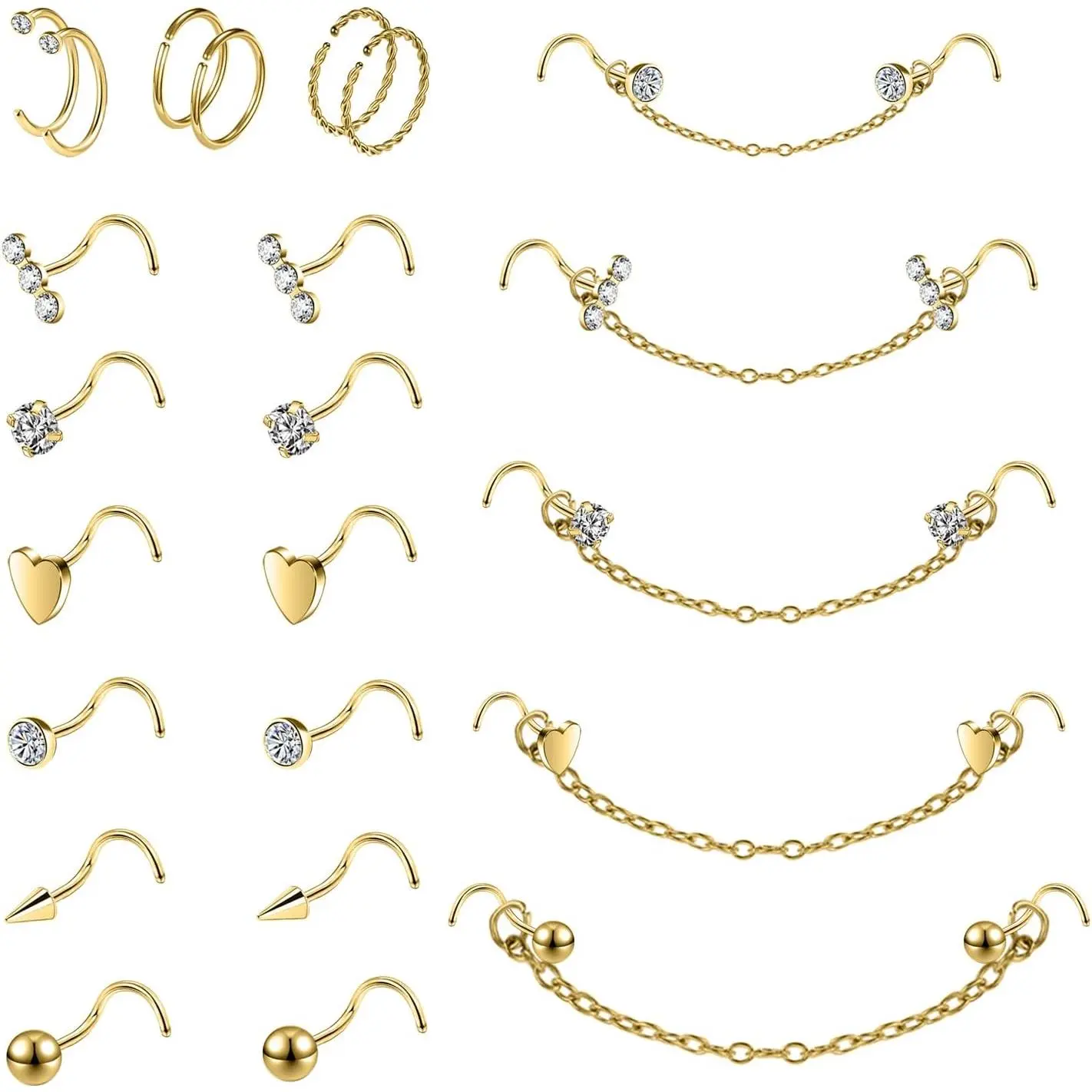 20G Nose Rings Studs with Chain Piercing Across Double Nose Stud Nose Hoop Spike Heart Ball CZ Surgical Steel Nostril Piercing Jewelry for Women Men, Black Silver Gold