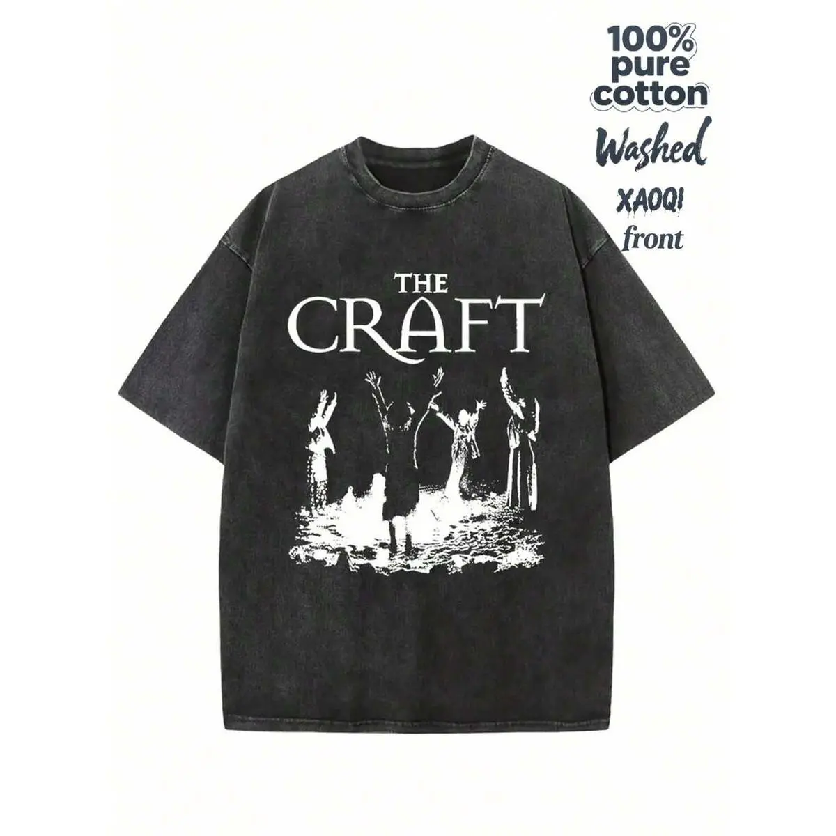 230G Washed Pure Cotton T-Shirt, Unisex Casual Fashion, With Dark 'THE CRAFT Pattern And Text' Print, Outdoor Sports T-Shirt| Loose Fit| Soft Knitted T-Shirt Fall Clothes For Women Halloween