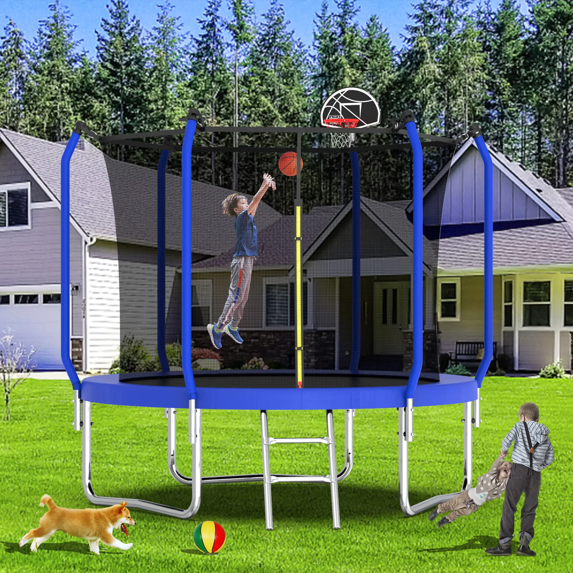 Mersco 10ft Kid Trampoline Outdoor With Basketbal Hoop, Basketball And Airpump, Rebounder Trampoline For Kids And Adults With Safety Enclosure Net & Ladder,Ideal Kids Gifts For New Year And Birthday,ASTM Approved,Christmas decor,cute girly gifts,Blue, Exe