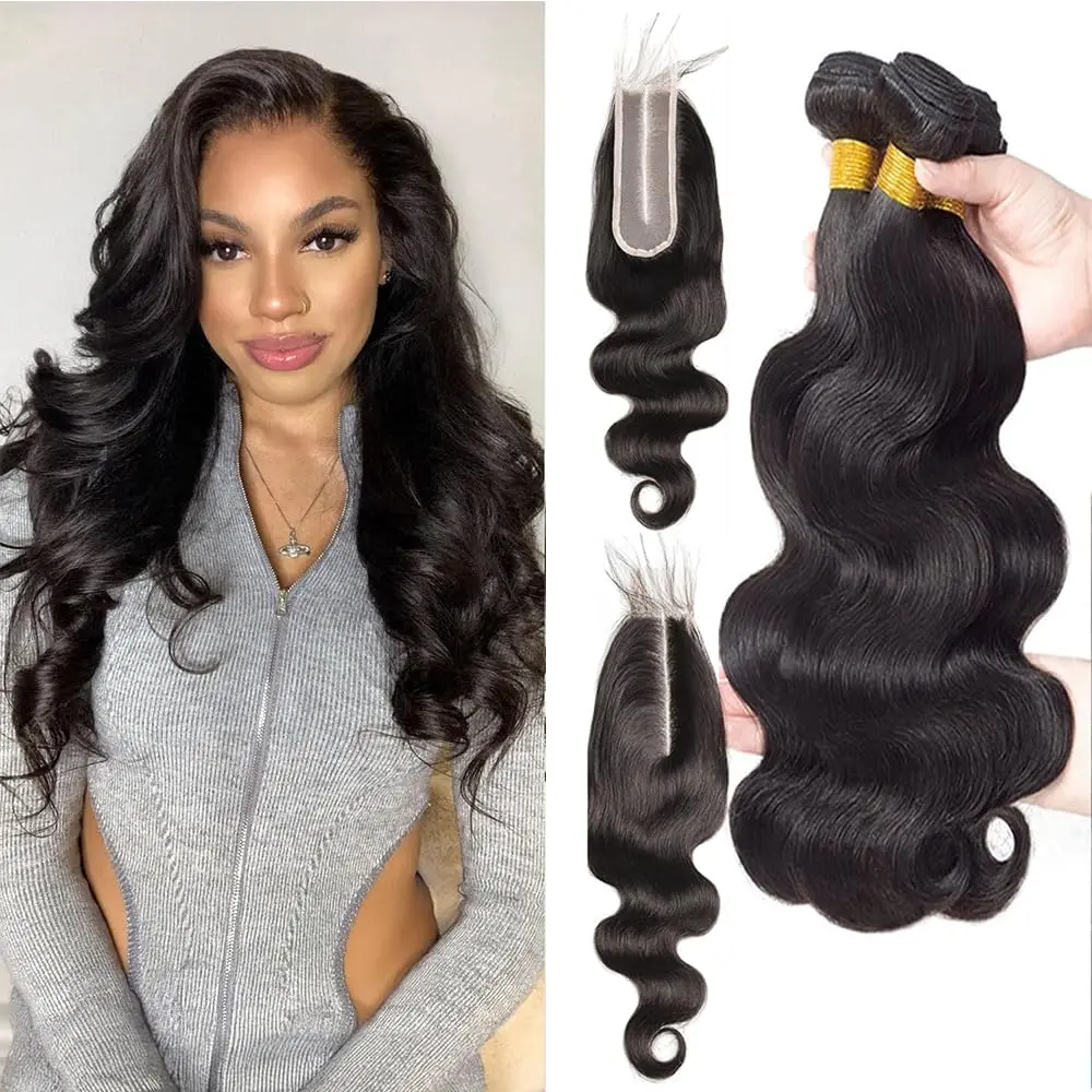 ZGWG Brazilian Body Wave Bundles Human Hair with Closur 2x6 Lace Closure Virgin Human Hair Weave Bundles Qulick Wave Hair Extensions