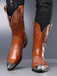 Men's Fall Winter New Large Size Motorcycle Boots, Metal Head Decorative Buckle Embroidery Anti-Kick Trendy Knight Boots (38-48)