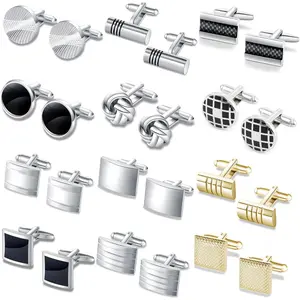 12 Cufflinks for Men Classic Tone Cuff Links Silver Striped Disc Square Rectangle Cuff Links Shirt Suit Men’s Cufflinks For Wedding Business Gift Design Modern