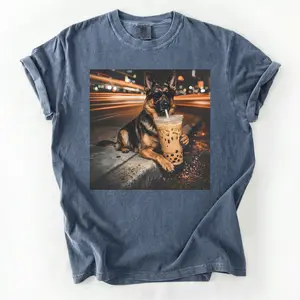 Comfort Colors Funny German Shepherd Shirt, 50+ Dog Drinking Iced Coffee Tee, 50+ Dog Breeds Available, German Shepherd Dog Shirt, Cute Dog Lover Gift