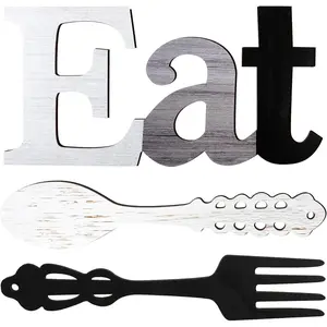 3 Pieces of Wooden Kitchen Wall Hanging Decorations - Spoons, Forks, and "EAT" Logo, Suitable for Home Art Murals, Classic Style, No Need for Power, Perfect for New Year Decoration Set