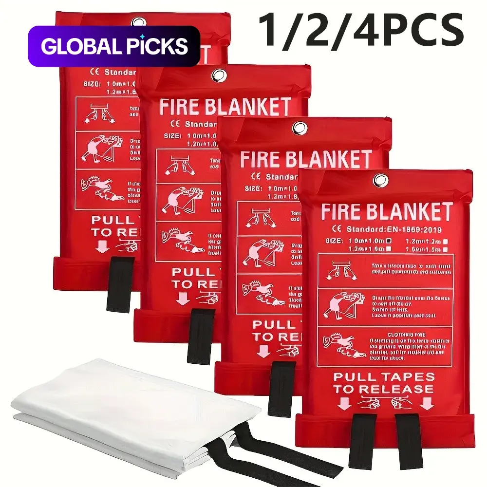 Heat-Resistant Fiberglass Fire Blankets with Pull Tabs, 4 Counts Reusable Fire Safety Equipment for Kitchen, Home, School and Office, Emergency Survival Gear and Supplies #GLOBAL PICKS