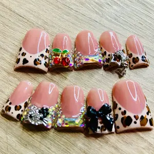 Cheetah Print Duck Nails with Charms- 10pcs Pack of Nail Art Designs for Versatile Styling Multicolor