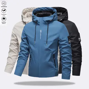 Men's Solid Color Windproof Drawstring Zip-up Hoodie Jacket, Casual Long-Sleeve Outdoor Coat with Zipper Pockets, Suitable for Outdoor Activities, All-Season Men's Apparel, Menswear Blue