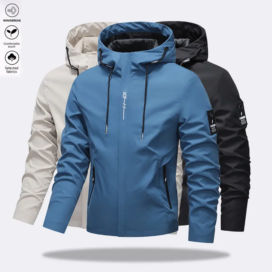 Men's Plain Fitted Long-Sleeve Windproof Waterproof Expandable Zip-Up Hoodie Jacket - Casual Outdoor Activewear Coat with Zipper Pockets, All-Seasons Menswear for 2 Key Outdoor Uses (Flying Jacket Style), Elegant, All-Season Men's Lightweight Jackets