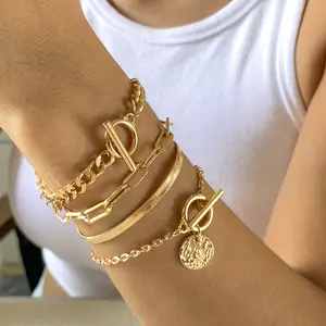Exquisite Trendy Hollow Chain Bracelet Set, 4-Piece Punk Style Stackable Layered Bracelet Stack, Flat Snake Bone Chain Hand Jewelry for Niche All-Match Hip-Hop Looks, Exquisite Trendy Bracelet