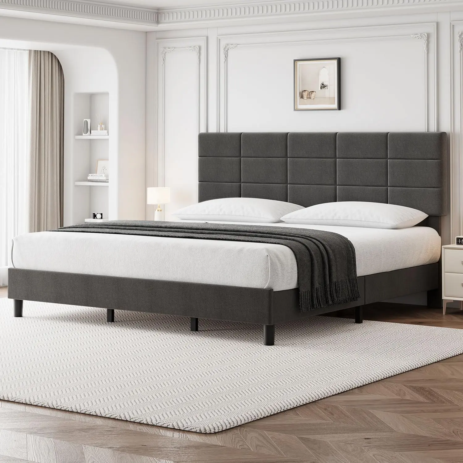 Create a Cozy Minimalist Bedroom with This High-Headboard Platform Bed and Hidden Underbed Space，Grey