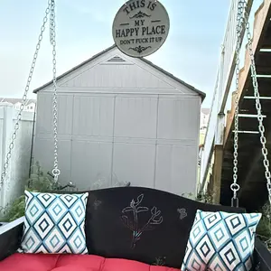 Funny Garden Metal Sign – “This is my happy place—don’t f*** it up” — 12×12 round vintage outdoor decor — rust-resistant aluminum welcome plaque for backyard, porch, fence, patio, bar, and gift, Decorative,summerwins
