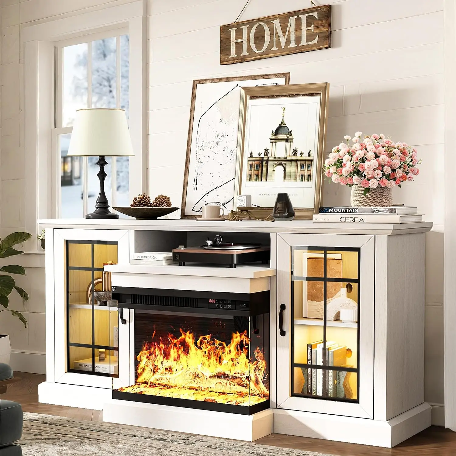 59'' Fireplace TV Stand, Farmhouse Entertainment Center with 3 Sided Glass TV Stand, Modern Media Console Table with Storage Drawers & Cabinets with LED Flame and Lights for Living Room(2boxes -TV stand and fireplace shipped separately