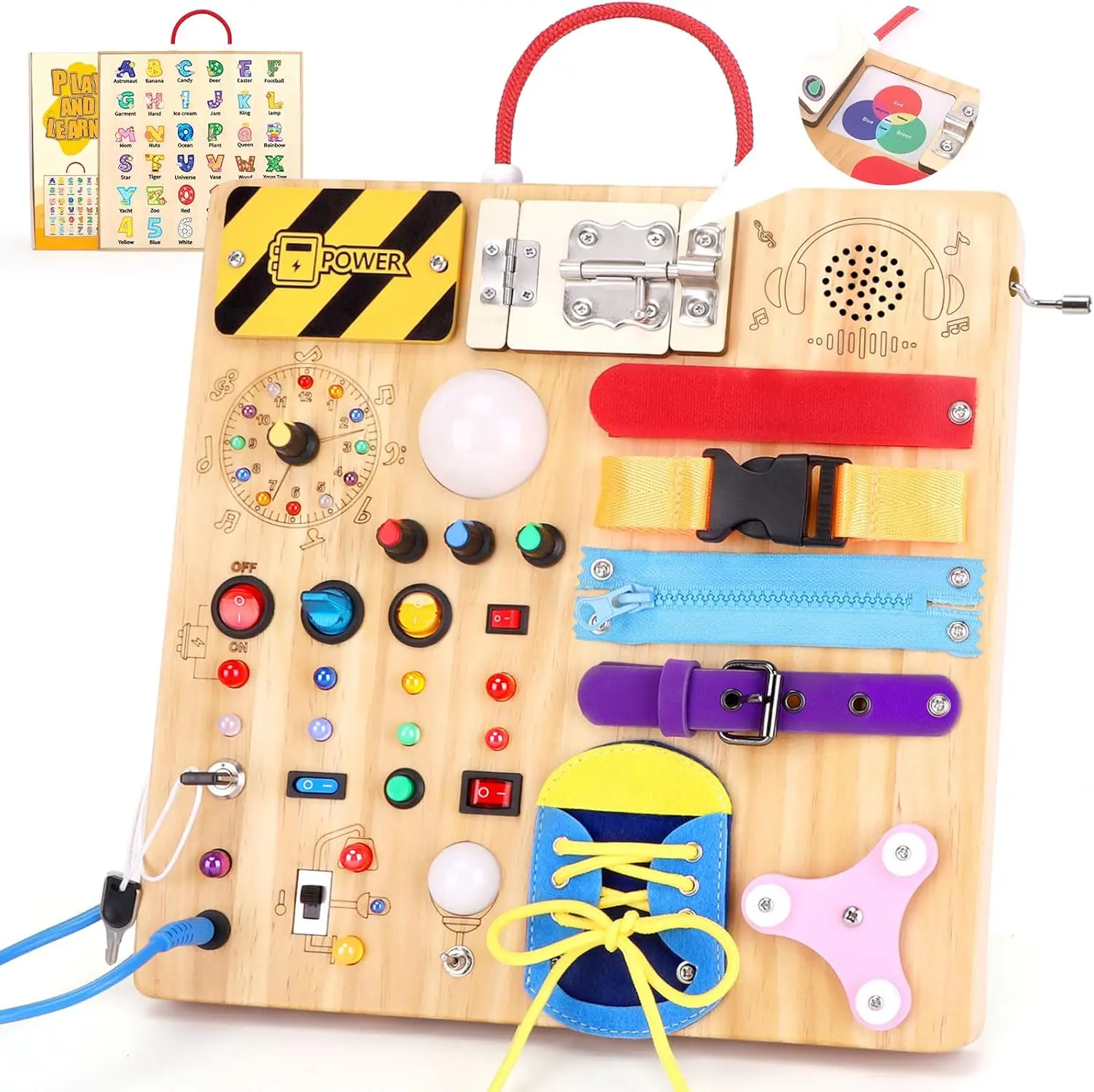 Grarain 23 in 1 Toddler Busy Board Montessori Toys for 1-3 Year Olds with 15 Switches 26 LED Lights Music Box Locks Zippers Sensory Playset for Infants