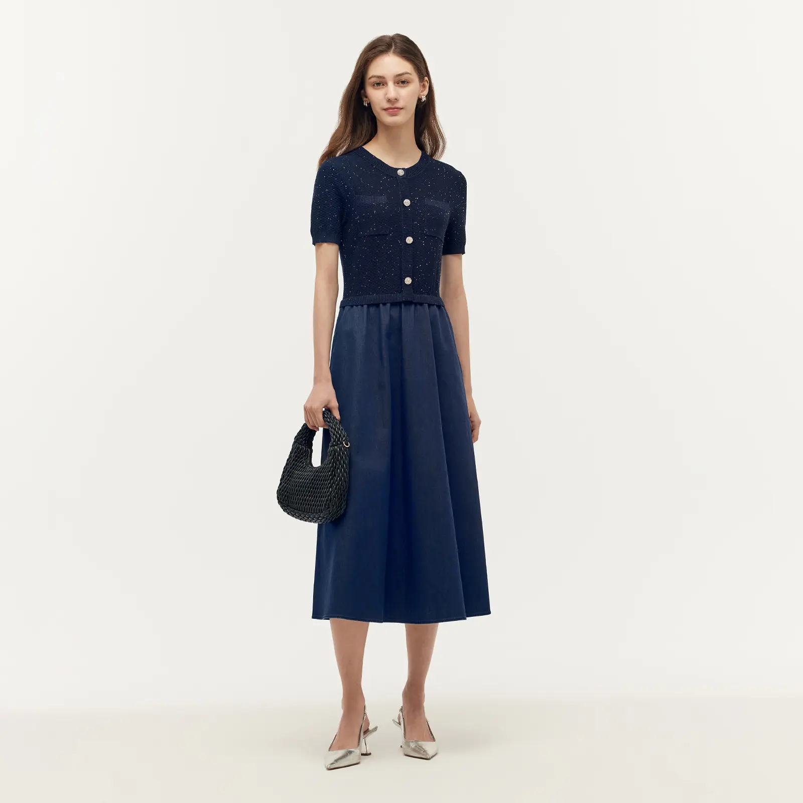Denim Patchwork Sequins Gathered Waist Women Midi Dress Chic
