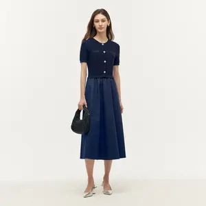 Denim Patchwork Sequins Gathered Waist Women Midi Dress Chic
