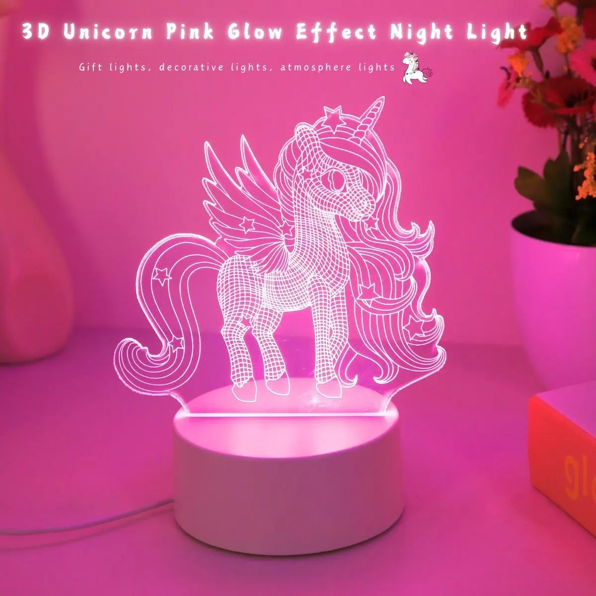 Unicorn 3D Night Light, USB Powered LED Lamp, Push Button Control, Home Bedside Living Room Decor, Romantic Gift for Birthdays & Holidays