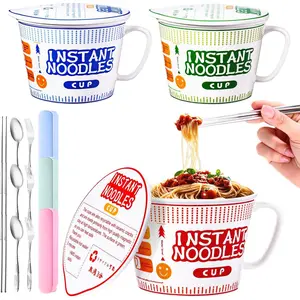 6 count  Ramen Bowl Set Includes 3 count  Noodle Bowl with Lid Microwave Ramen Noodles Cup Holder 3 count Silverware Set Flatware Sets for  Office College Dorm Room (39 oz)