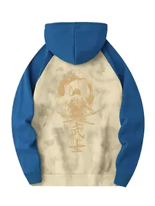 Men's Colorblock Drop Shoulder Fashion Hoodie, Comfortable Casual Drawstring Hooded Sweatshirt, Japanese Samurai Print, Kangaroo Pocket