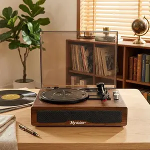Myvision Vintage Wood Record Player - Rechargeable 3-Speed (33-1/3, 45, 78 RPM) Bluetooth Portable Turntable with Stereo Speakers, RCA Line Out, AUX In, Headphone Jack, for 7/10/12-Inch Records, Bedroom Accessories, Mother's Day Gift