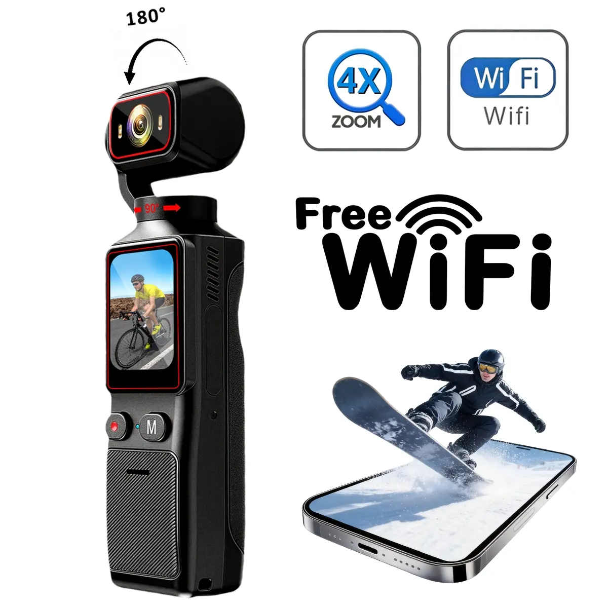 2K Ultra HD Portable Action Cam, WiFi Sports Recording Camera, 4X Zoom, Infrared Night Vision, WiFi Sharing, 2000mAh Long-Lasting Battery, Multi-Scene Use for Skate, Rock Climbing and Travel Vlogging